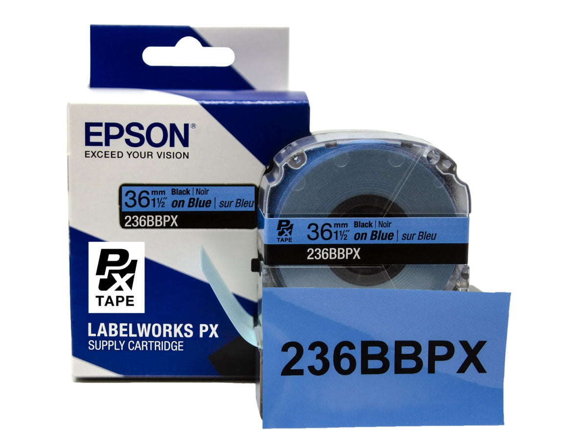 Epson LABELWORKS PX Standard 1½" (36mm) x 30 ft Black on Blue Tape - 236BBPX