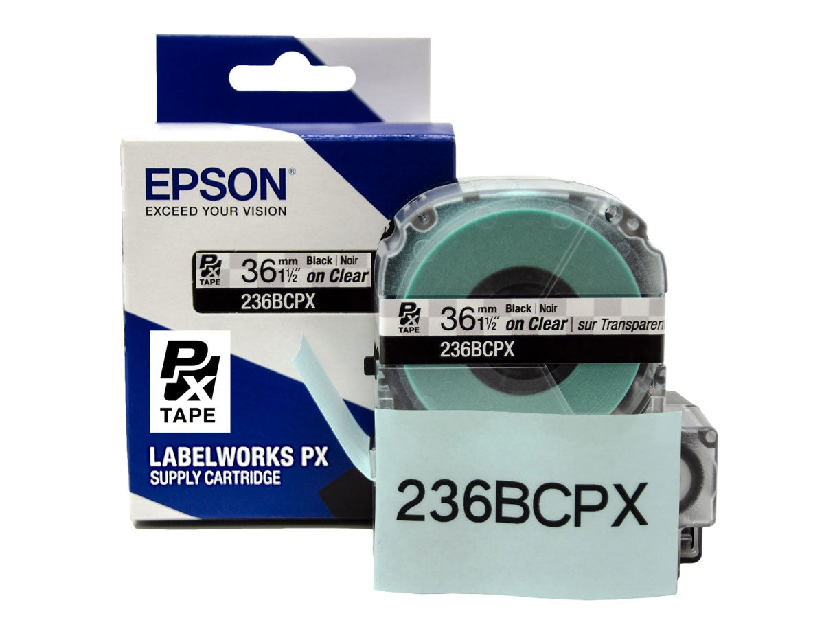 Epson LABELWORKS PX Standard 1½" (36mm) x 30 ft Black on Clear Tape - 236BCPX