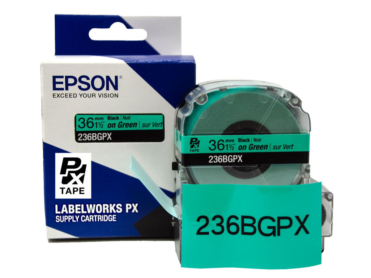 Epson LABELWORKS PX Standard 1½" (36mm) x 30 ft Black on Green Tape - 236BGPX