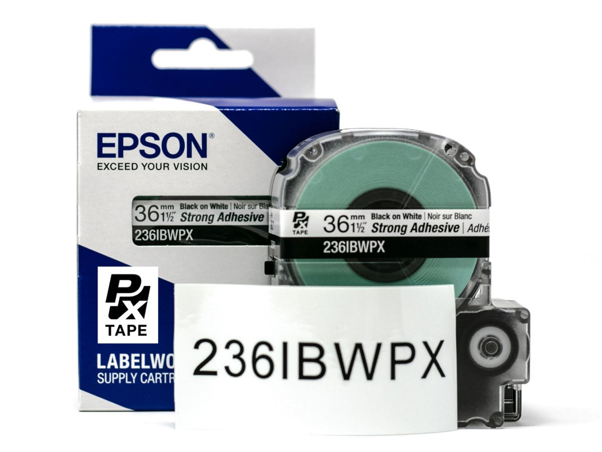 Epson LABELWORKS PX Strong Adhesive 1½" (36mm) x 30 ft Black on White Tape 236IBWPX