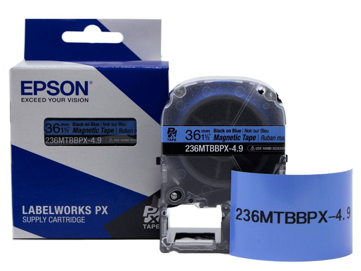 Epson LABELWORKS PX Magnetic 1½" (36mm) x 4.9 ft Black on Blue Tape - 236MTBBPX-4.9