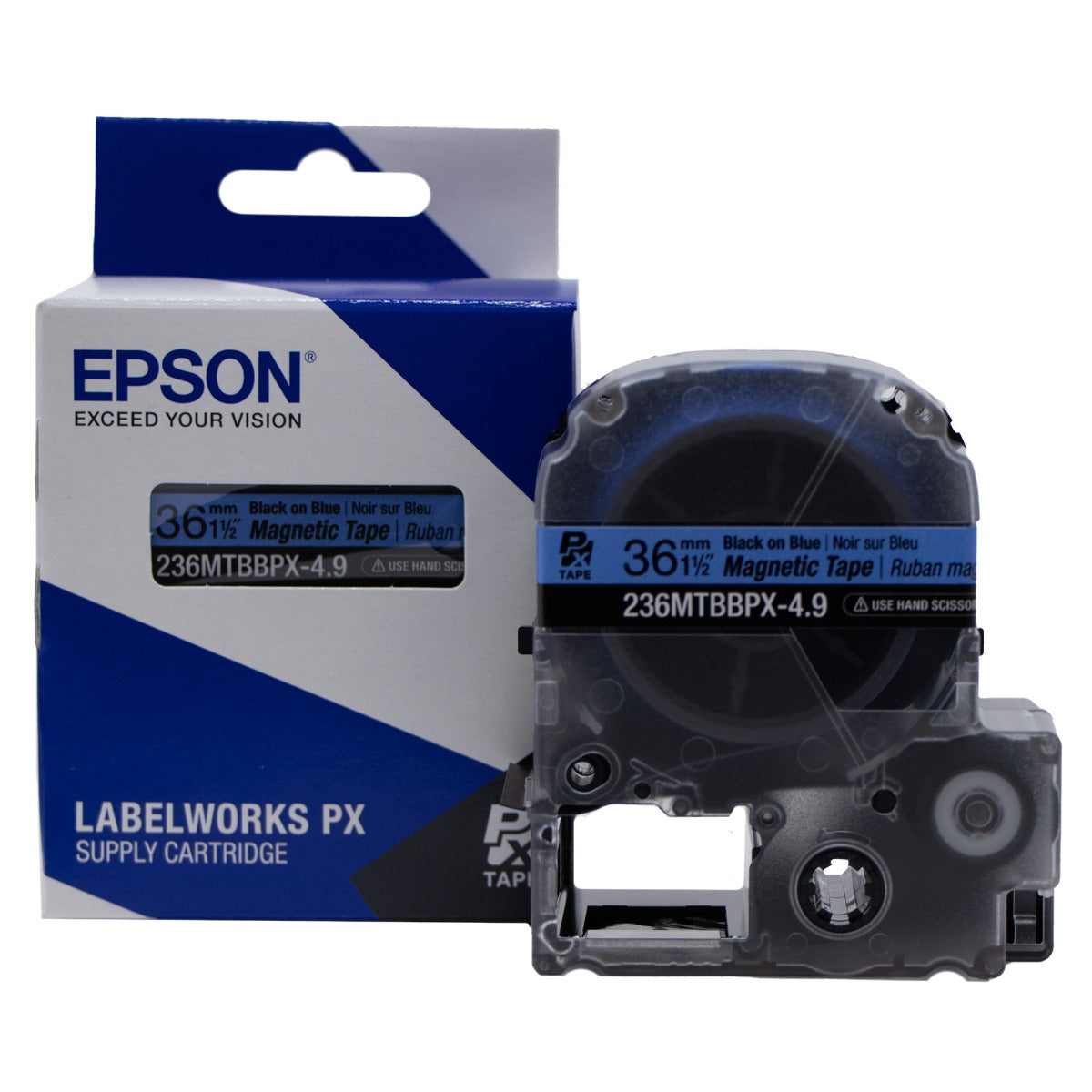 Epson LABELWORKS PX Magnetic 1½" (36mm) x 4.9 ft Black on Blue Tape - 236MTBBPX-4.9