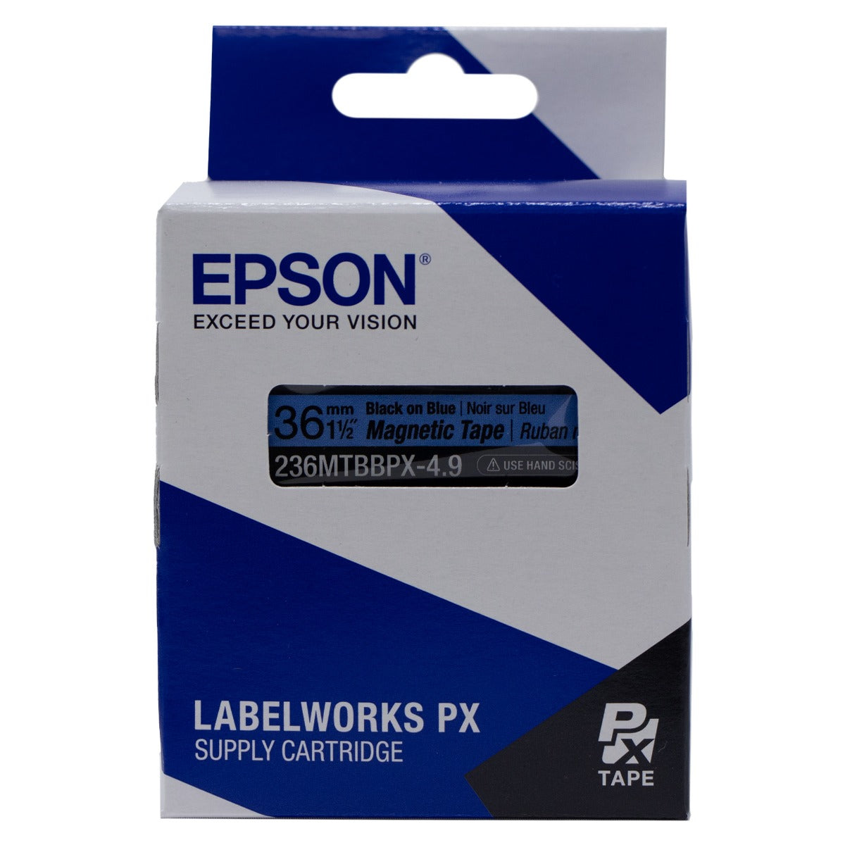 Epson LABELWORKS PX Magnetic 1½" (36mm) x 4.9 ft Black on Blue Tape - 236MTBBPX-4.9