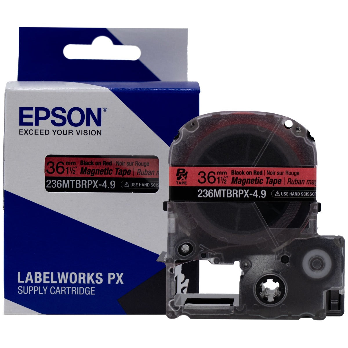 Epson LABELWORKS PX Magnetic 1½" (36mm) x 4.9 ft Black on Red Tape - 236MTBRPX-4.9