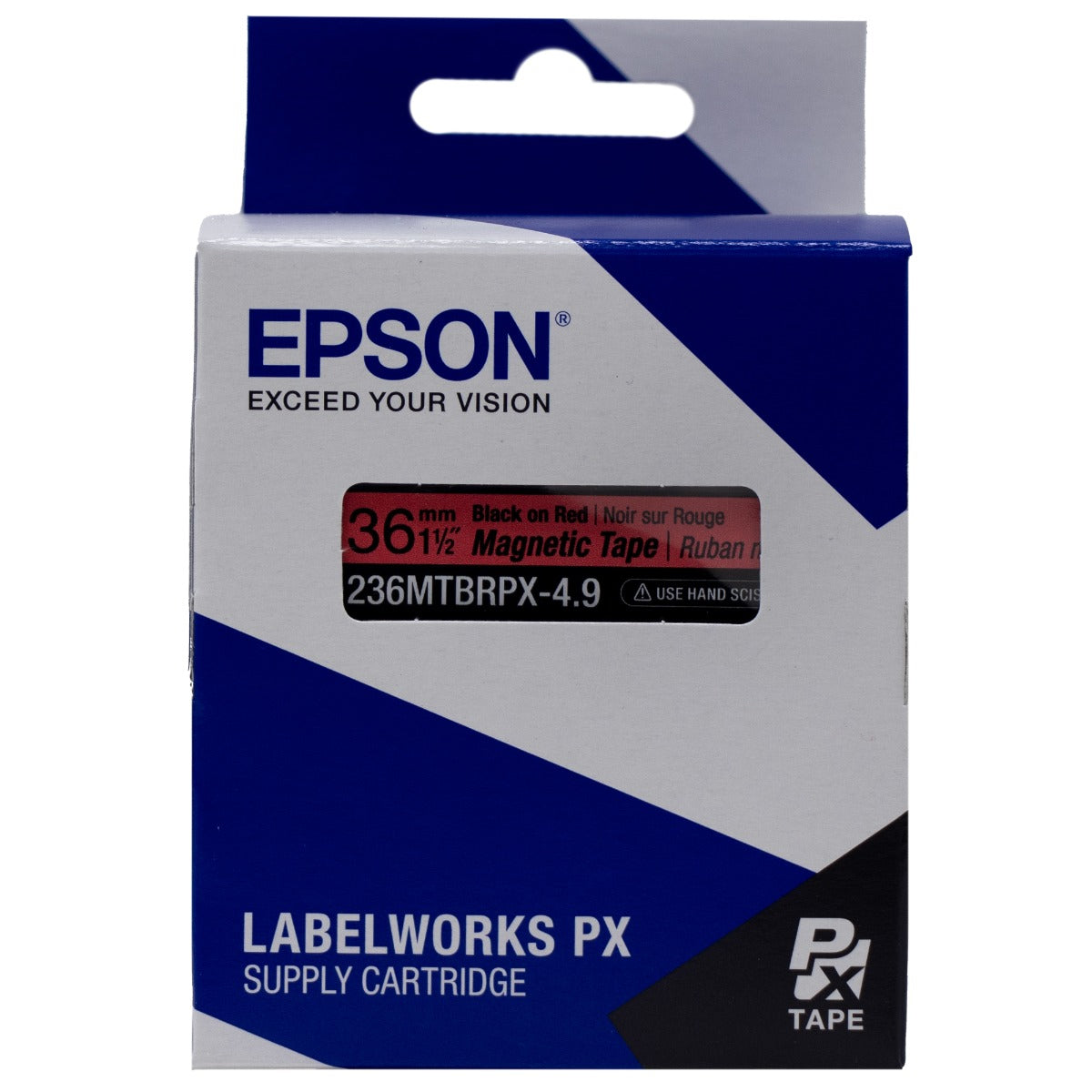 Epson LABELWORKS PX Magnetic 1½" (36mm) x 4.9 ft Black on Red Tape - 236MTBRPX-4.9