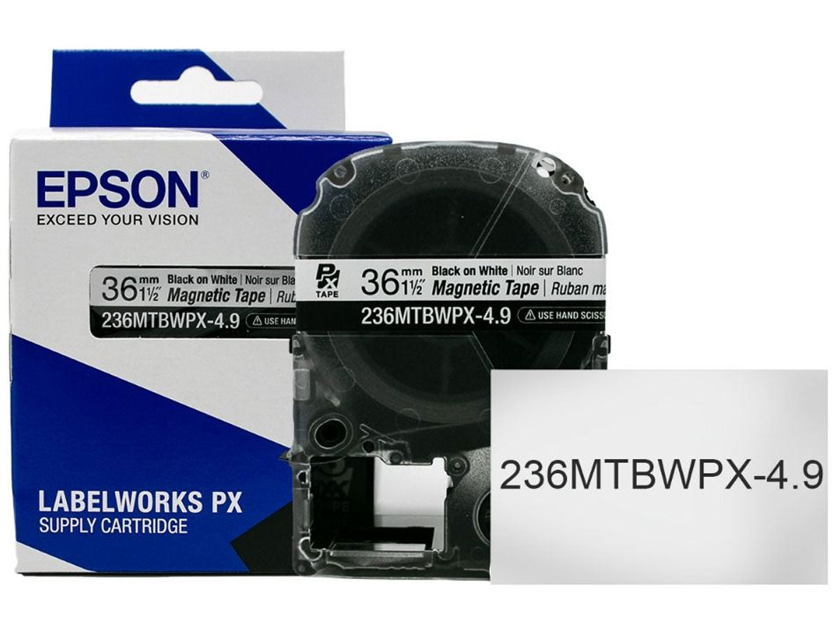 Epson LABELWORKS PX Magnetic 1½" (36mm) x 4.9 ft Black on White Tape - 236MTBWPX-4.9