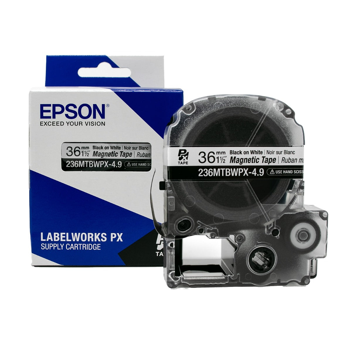 Epson LABELWORKS PX Magnetic 1½" (36mm) x 4.9 ft Black on White Tape - 236MTBWPX-4.9