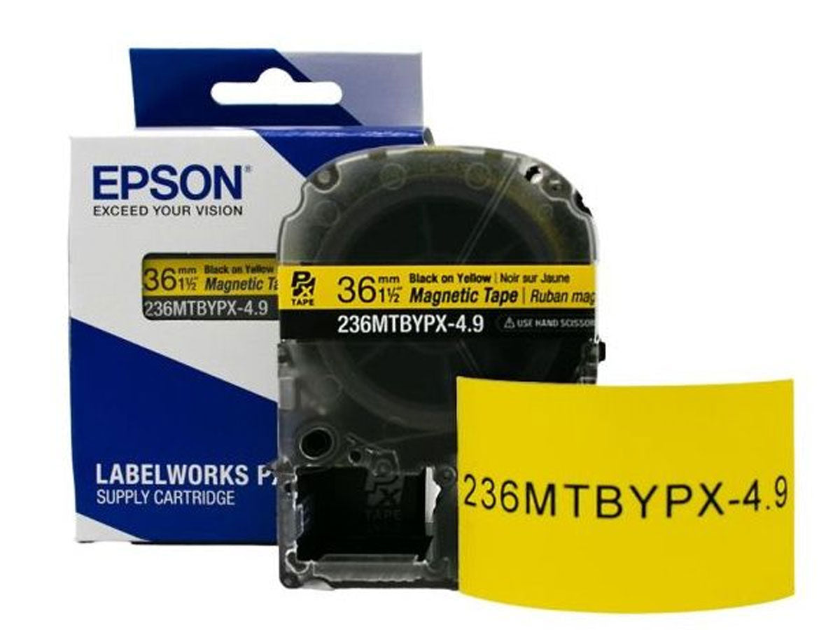 Epson LABELWORKS PX Magnetic 1½" (36mm) x 4.9 ft Black on Yellow Tape - 236MTBYPX-4.9