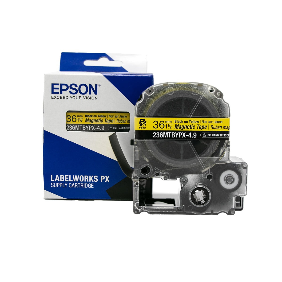 Epson LABELWORKS PX Magnetic 1½" (36mm) x 4.9 ft Black on Yellow Tape - 236MTBYPX-4.9
