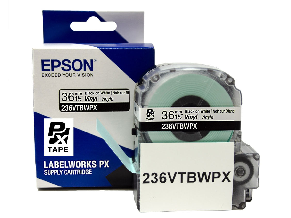 Epson LABELWORKS PX Vinyl 1 1/2" (36mm)  x 22.9 ft Black on White Tape - 236VTBWPX