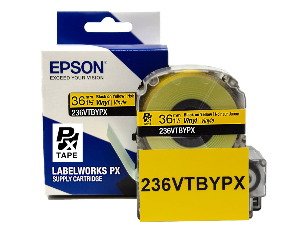Epson LABELWORKS PX Vinyl 1 1/2" (36mm)  x 22.9 ft Black on Yellow Tape - 236VTBYPX