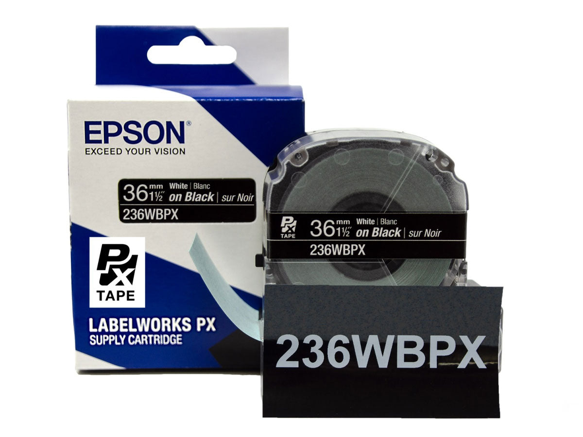 Epson LABELWORKS PX Standard 1½" (36mm) x 30 ft White on Black Tape - 236WBPX