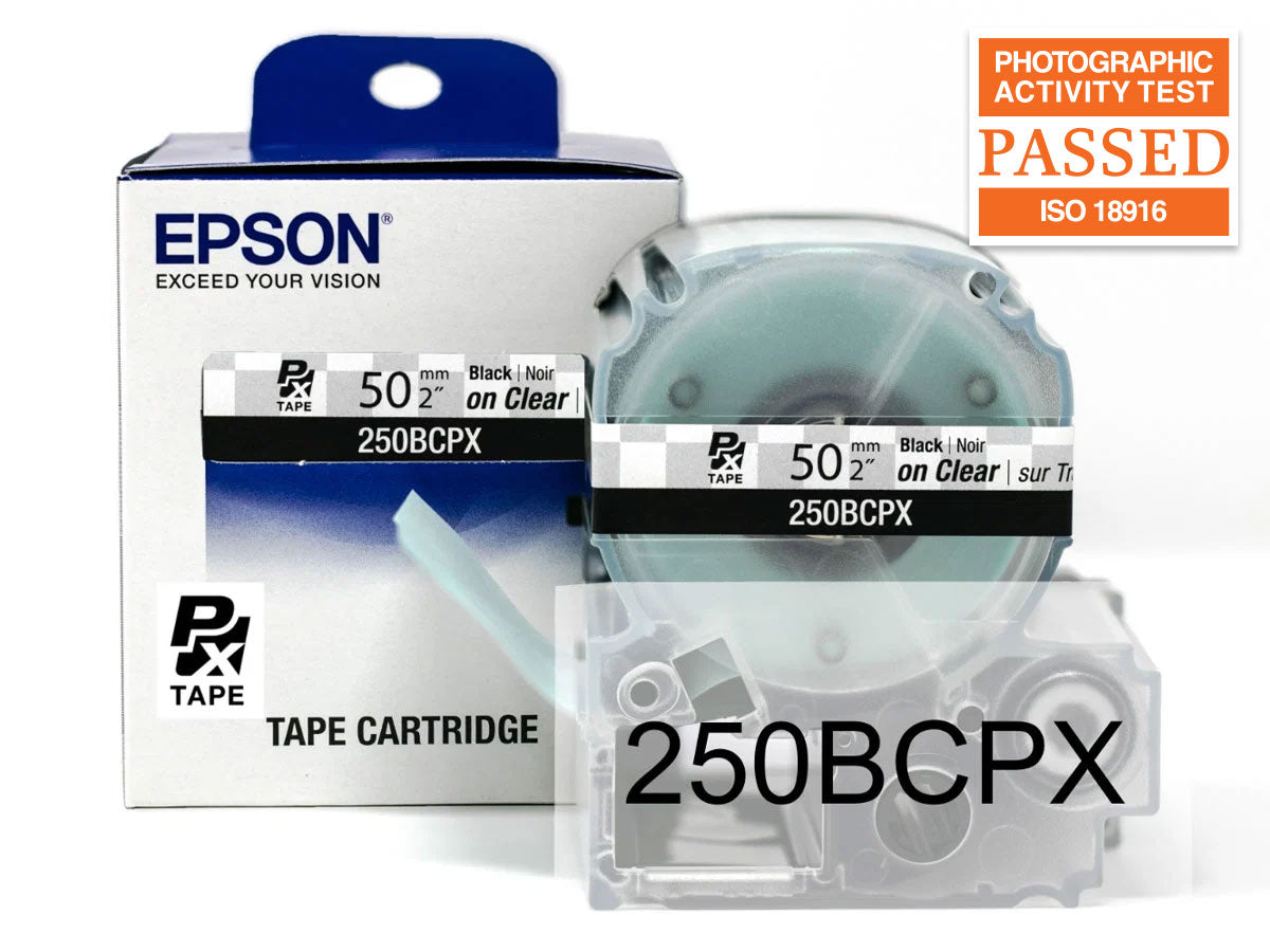 Epson LABELWORKS PX Standard 2" (50mm) x 26.2 ft Black on Clear Tape - 250BCPX