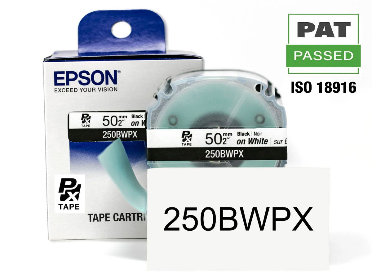 Epson LABELWORKS PX Standard 2" (50mm) x 26.2 ft Black on White Tape - 250BWPX