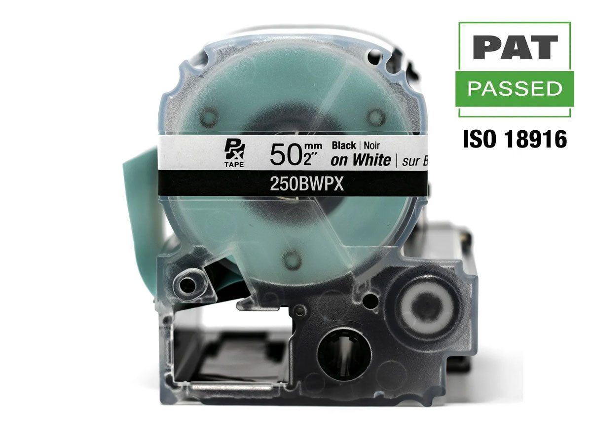 Epson LABELWORKS PX Standard 2" (50mm) x 26.2 ft Black on White Tape - 250BWPX