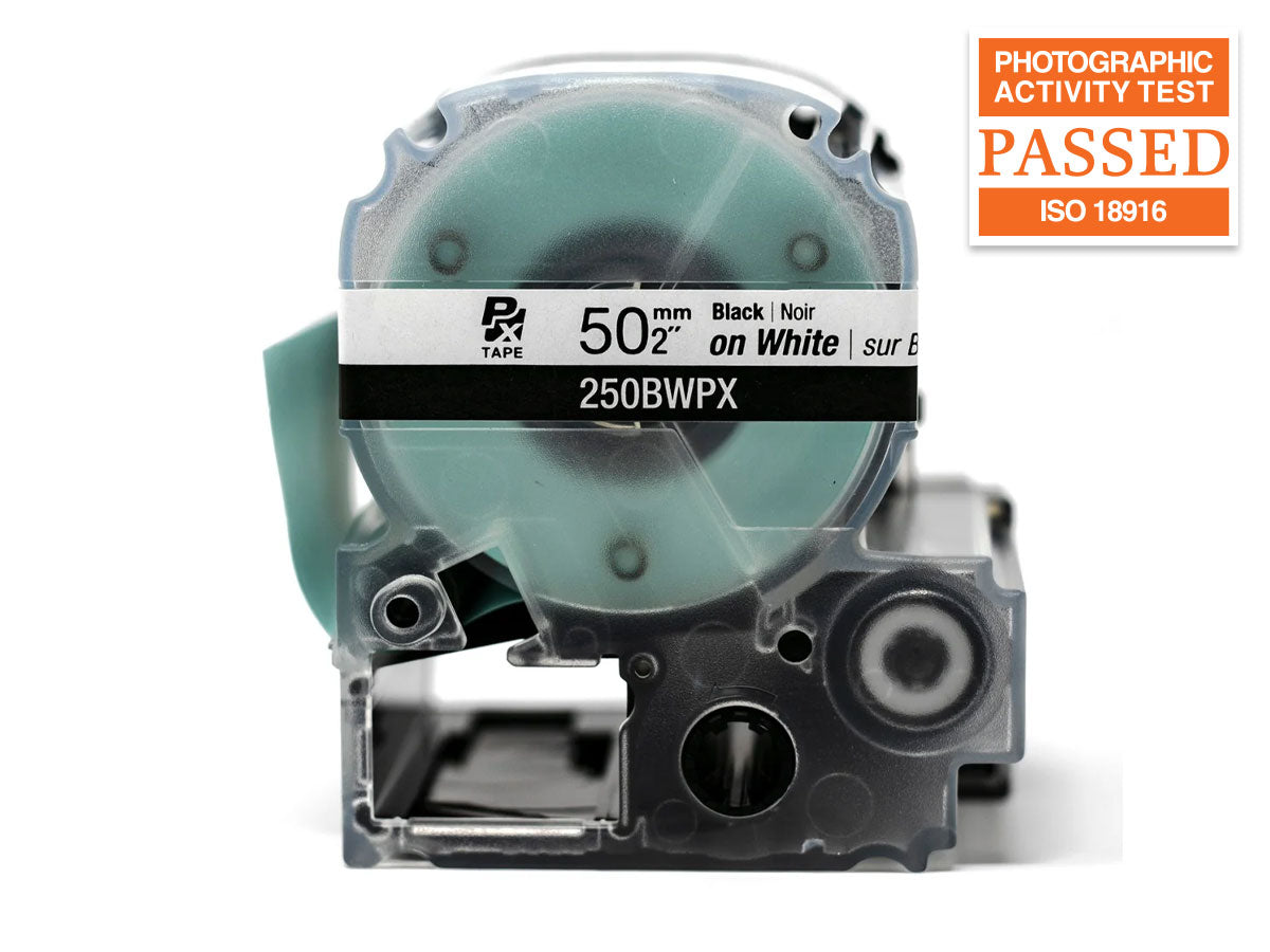Epson LABELWORKS PX Standard 2" (50mm) x 26.2 ft Black on White Tape - 250BWPX
