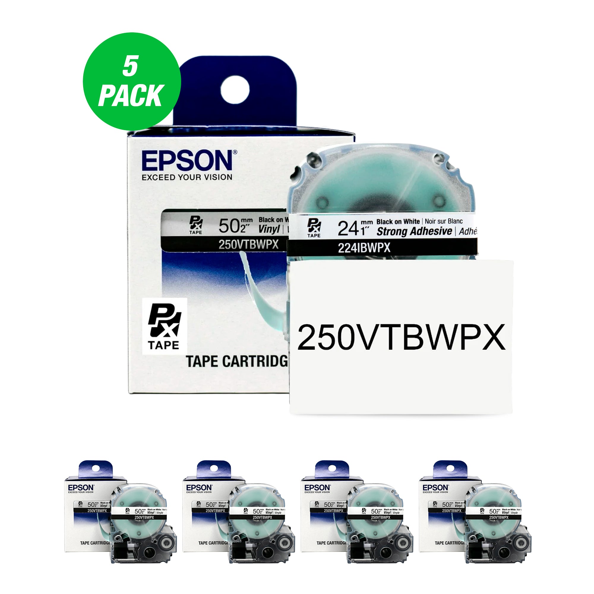 Epson LABELWORKS PX Vinyl 2" (50mm)  x 22.9 ft Black on White Tape 5 Pack - 250VTBWPX-5PK