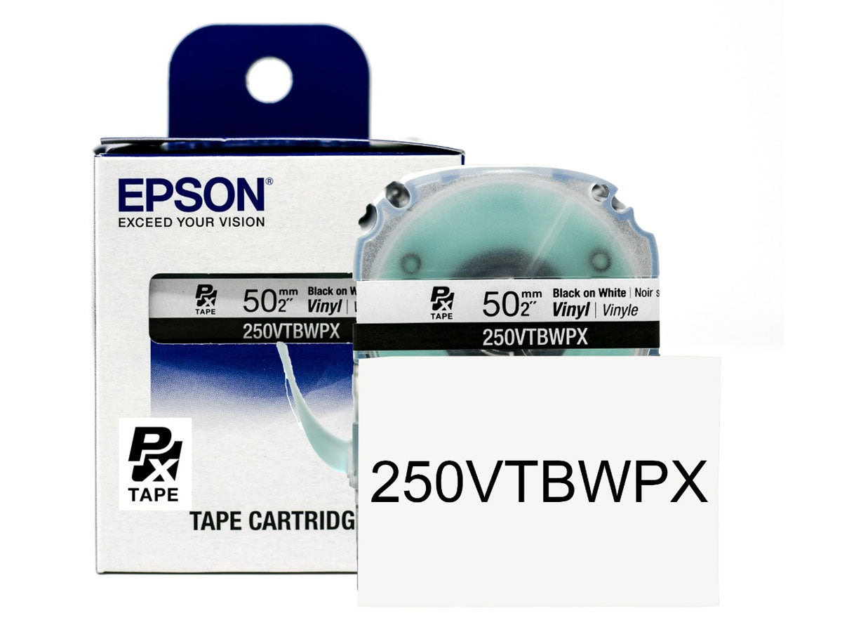 Epson LabelWorks PX 50mm (2") Black on White Vinyl Tape - 250VTBWPX