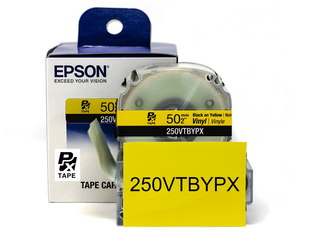 Epson LabelWorks PX 50mm (2") Black on Yellow Vinyl Tape - 250VTBYPX