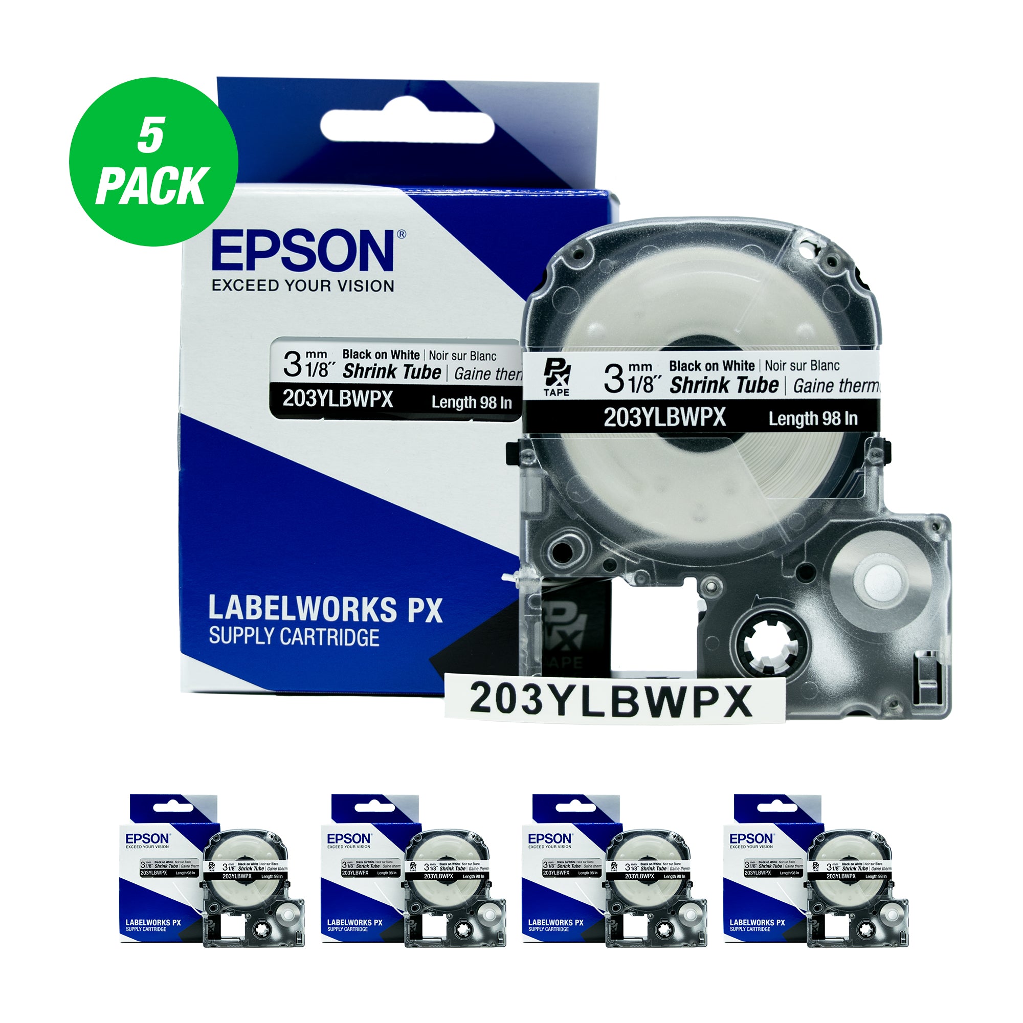 Epson LABELWORKS PX Shrink Tube 1/8" (AWG 16-22) x 98" Black on White Tape 5 Pack - 203YLBWPX-5PK