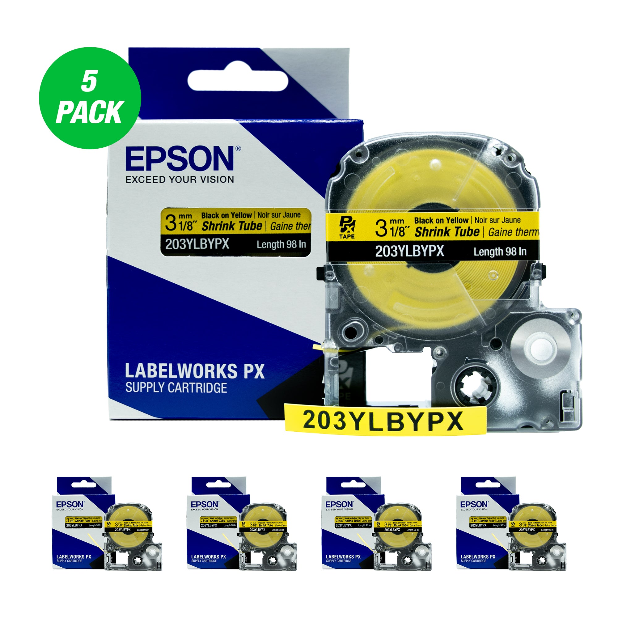 Epson LABELWORKS PX Shrink Tube 1/8" (AWG 16-22) x 98" Black on Yellow Tape 5 Pack - 203YLBYPX-5PK