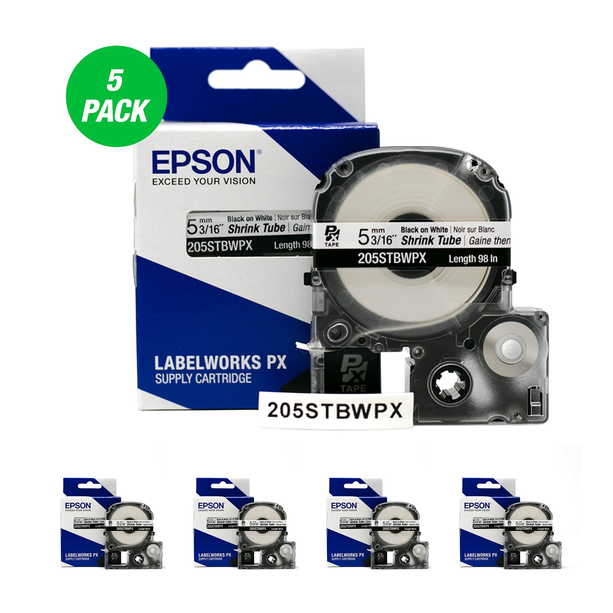 Epson LABELWORKS PX Shrink Tube 3/16" (AWG 8-12) x 98" Black on White Tape 5 Pack - 205STBWPX-5PK