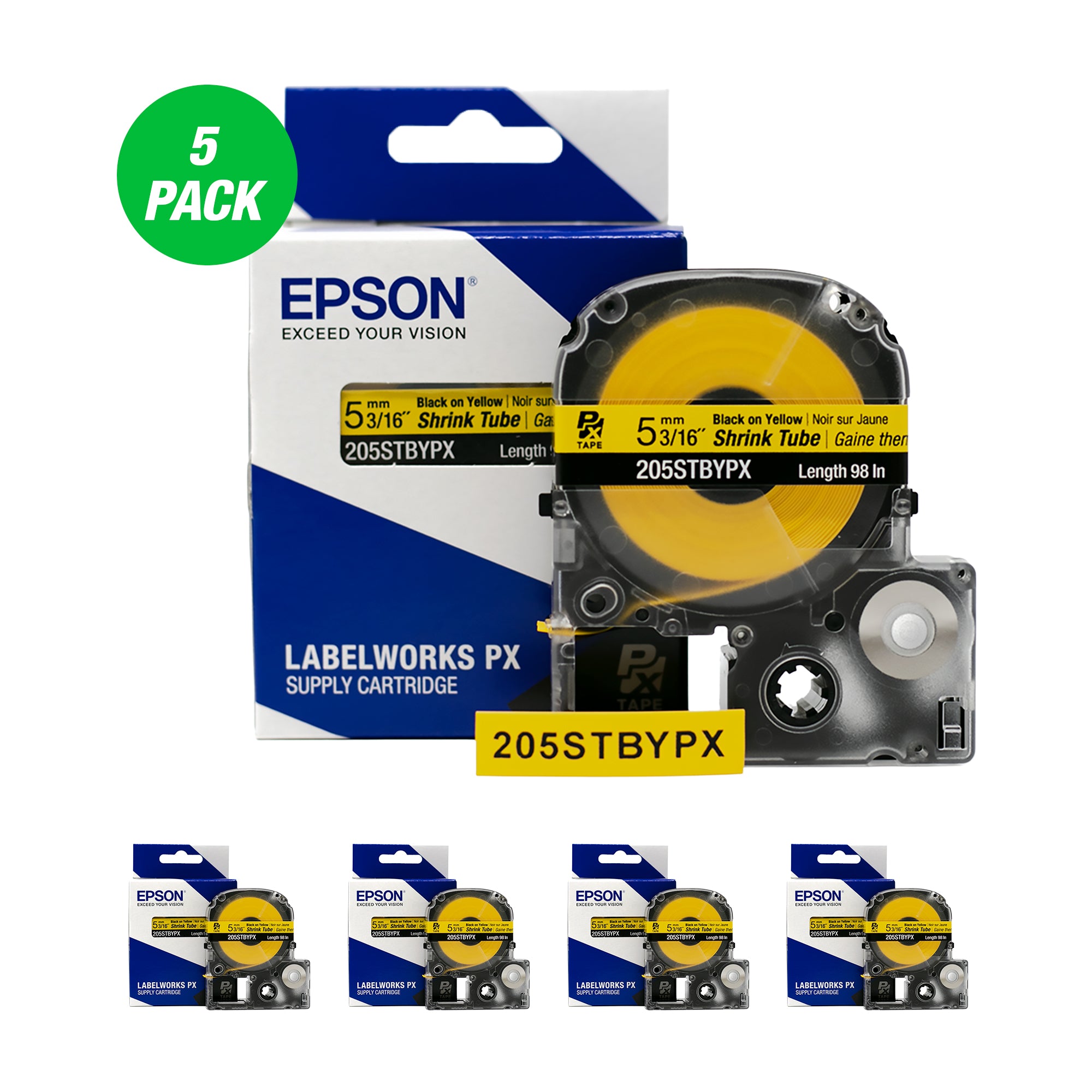 Epson LABELWORKS PX Shrink Tube 3/16" (AWG 8-12) x 98" Black on Yellow Tape 5 Pack - 205STBYPX-5PK