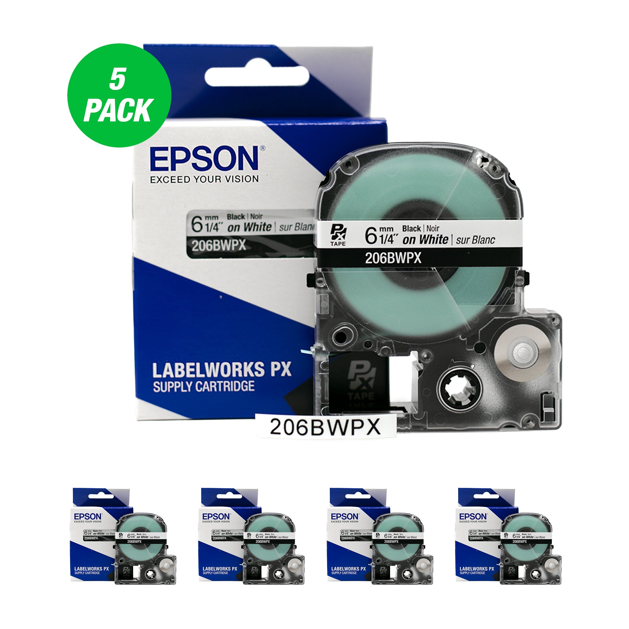 Epson LABELWORKS PX Standard 1/4" (6mm) x 30 ft Black on White Tape 5 Pack - 206BWPX-5PK