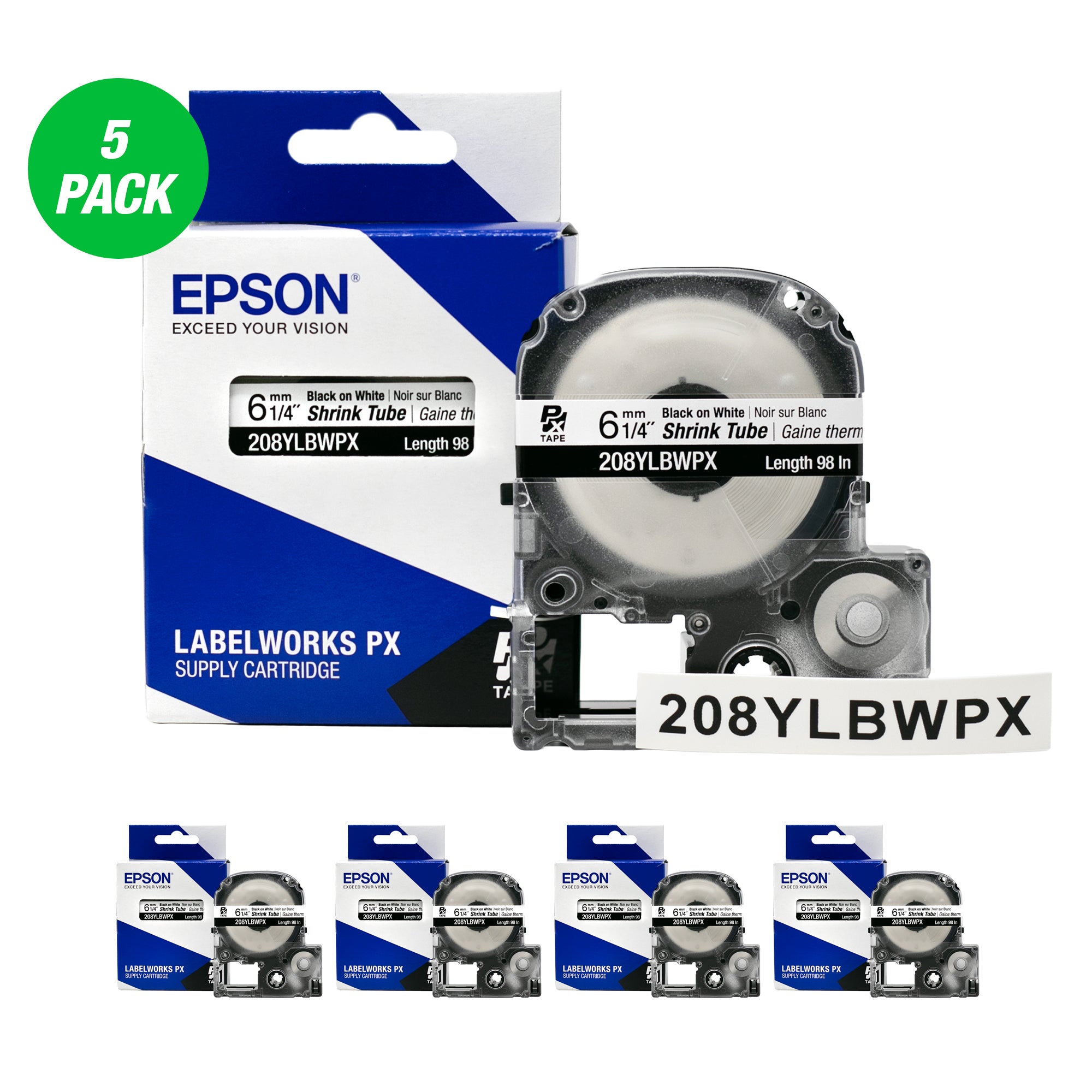 Epson LABELWORKS PX Shrink Tube 1/4" (AWG 6-18) x 98" Black on White Tape 5 Pack - 208YLBWPX-5PK