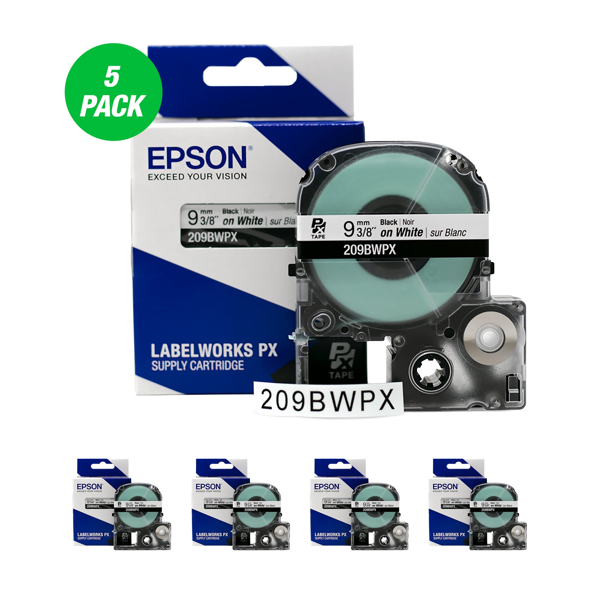 Epson LABELWORKS PX Standard 3/8" (9mm) x 30 ft Black on White Tape 5 Pack - 209BWPX-5PACK