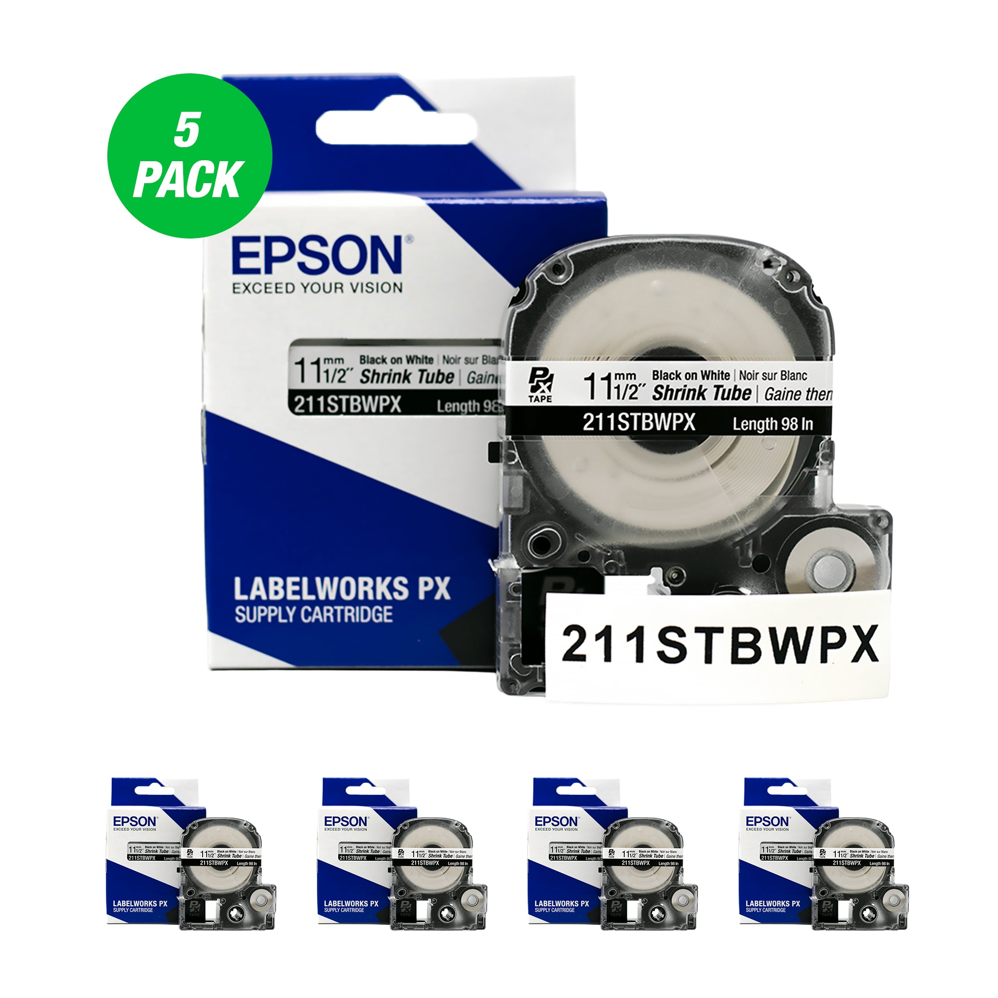 Epson LABELWORKS PX Shrink Tube 1/2" (AWG 2-8) x 98" Black on White Tape 5 Pack - 211STBWPX-5PK