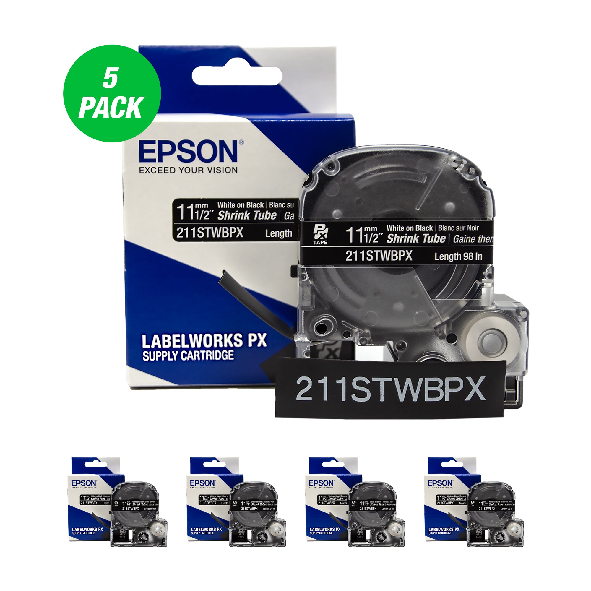 Epson LABELWORKS PX Shrink Tube 1/2" (AWG 2-8) x 98" White on Black 5 Pack - 211STWBPX-5PK