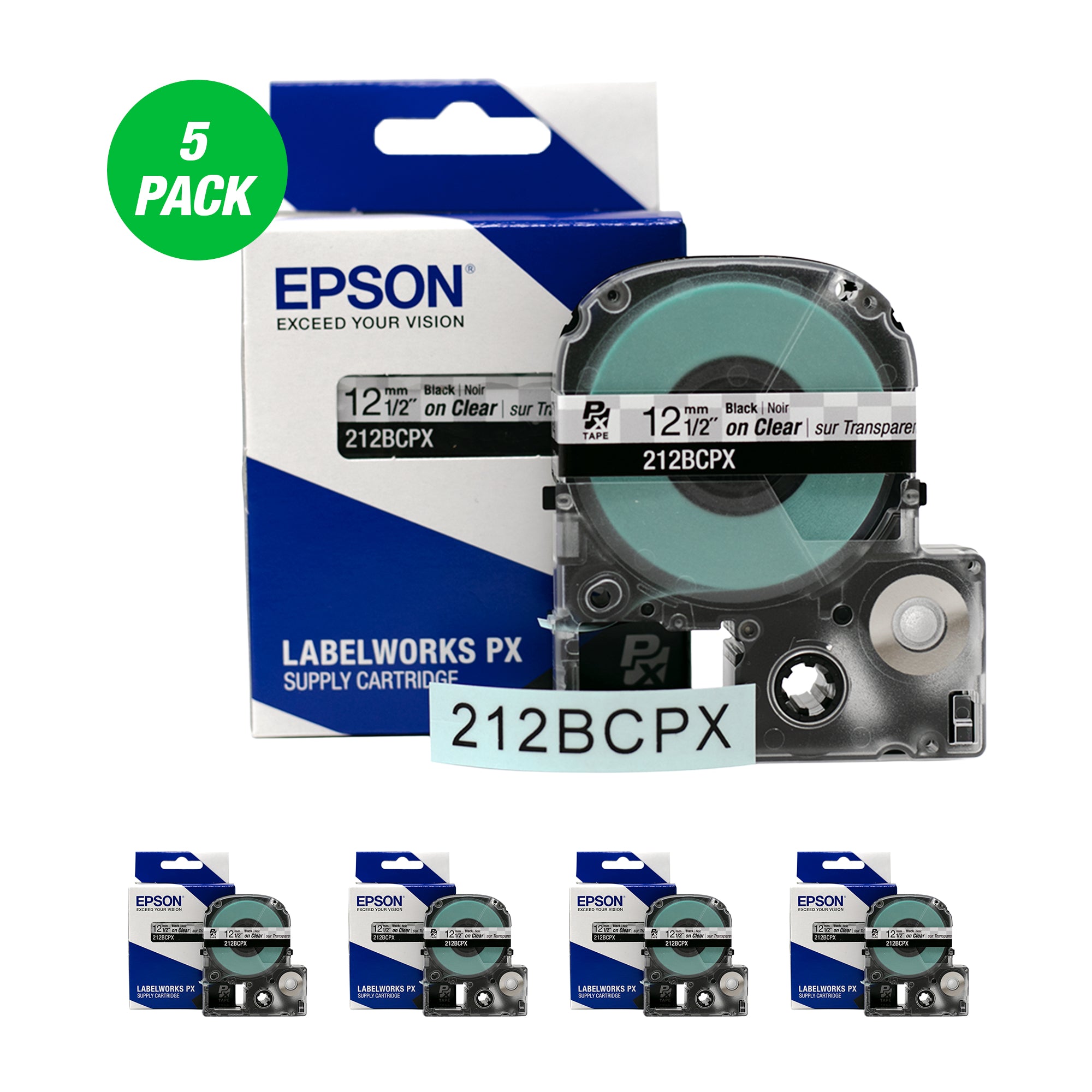 Epson LABELWORKS PX Standard 1/2" (12mm) x 30 ft Black on Clear Tape 5 Pack - 212BCPX-5PK