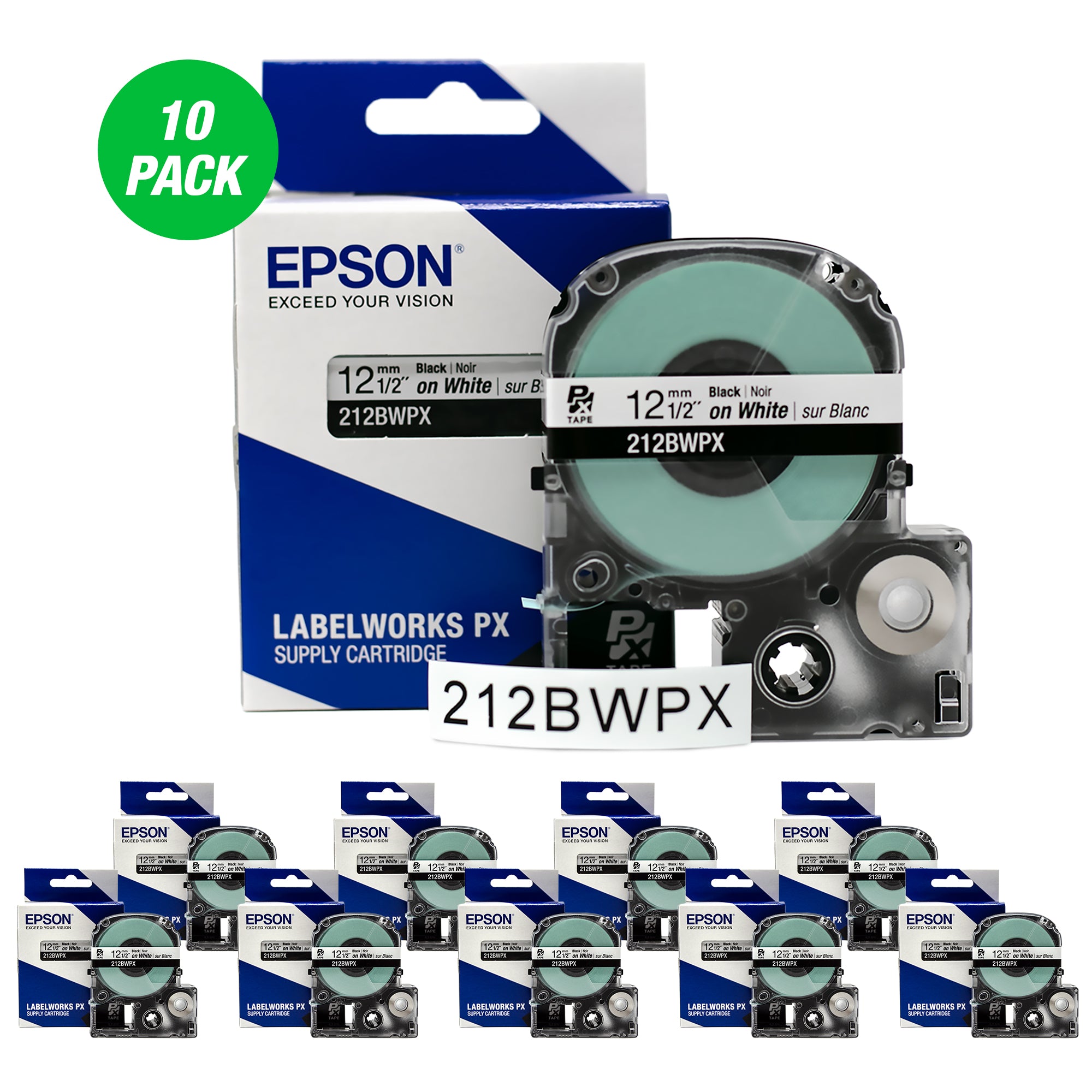 Epson LABELWORKS PX Standard 1/2" (12mm) x 30 ft Black on White Tape 10 Pack - 212BWPX-10PK