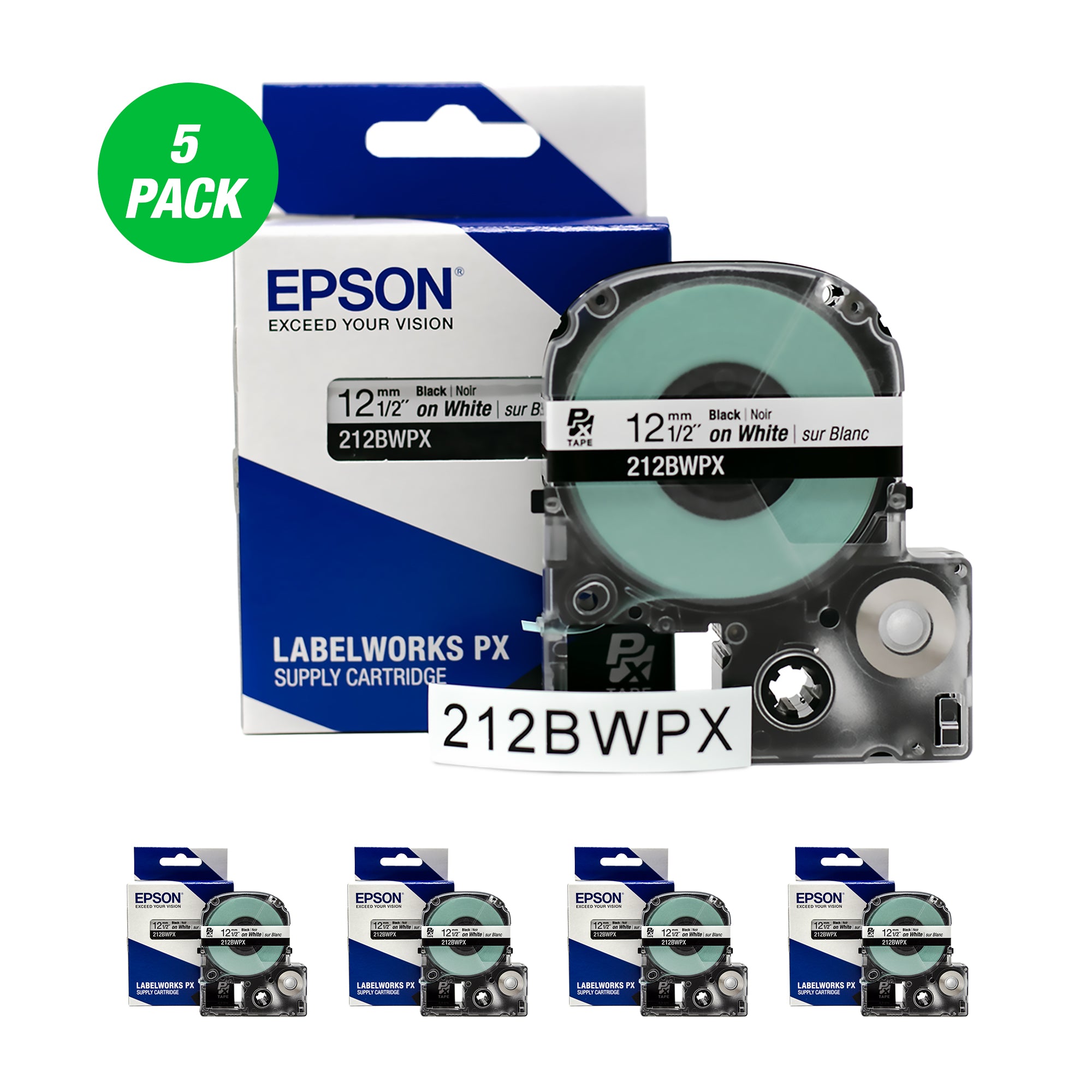 Epson LABELWORKS PX Standard 1/2" (12mm) x 30 ft Black on White Tape 5 Pack - 212BWPX-5PK