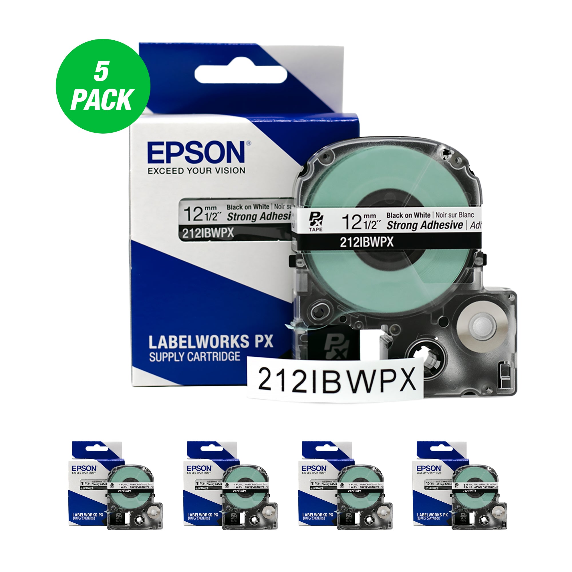 Epson LABELWORKS PX Strong Adhesive 1/2" (12mm) x 30 ft Black on White Tape 5 Pack - 212IBWPX-5PK