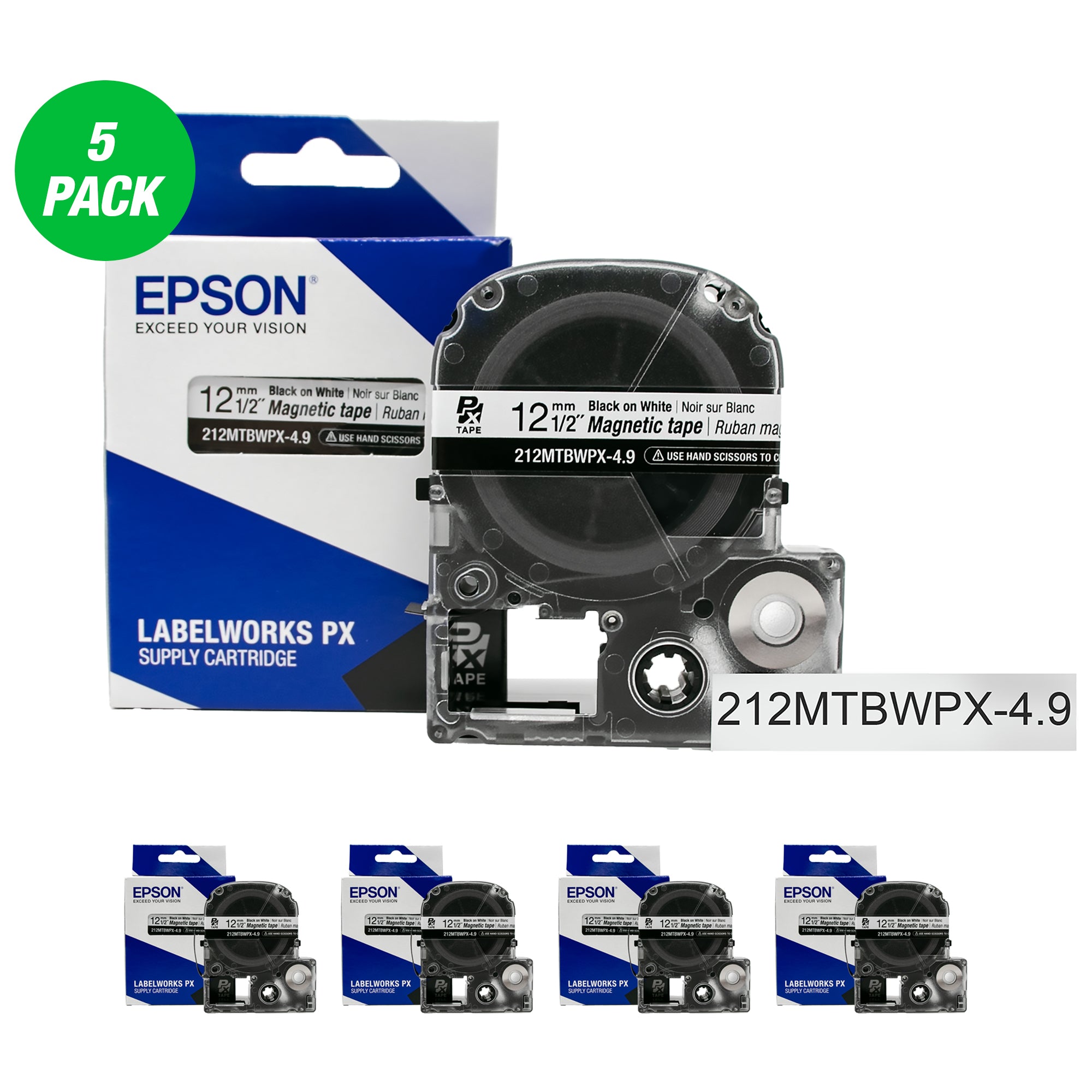 Epson LABELWORKS PX Magnetic 1/2" (12mm) x 4.9 ft Black on White Tape 5 Pack - 212MTBWPX-4.9-5PK