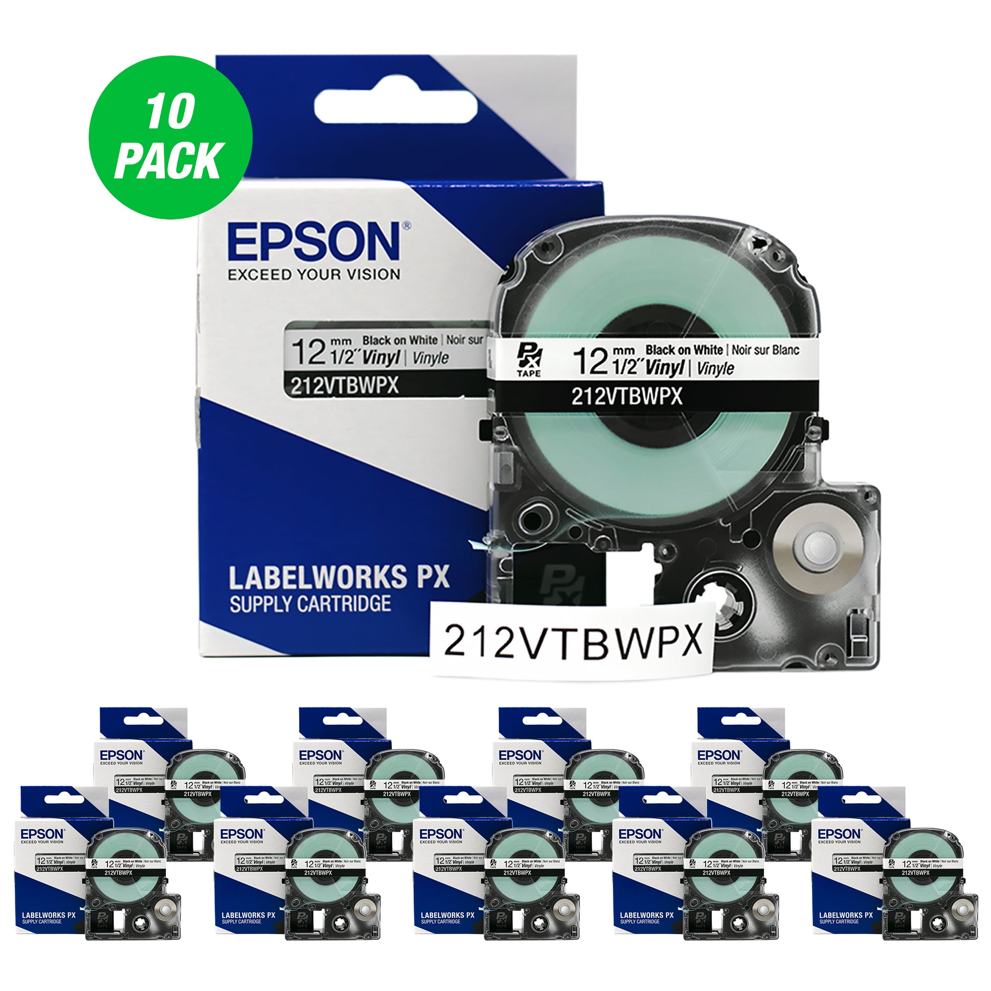 Epson LABELWORKS PX Vinyl 1/2" (12mm)  x 22.9 ft Black on White Tape 10 Pack - 212VTBWPX-10PK