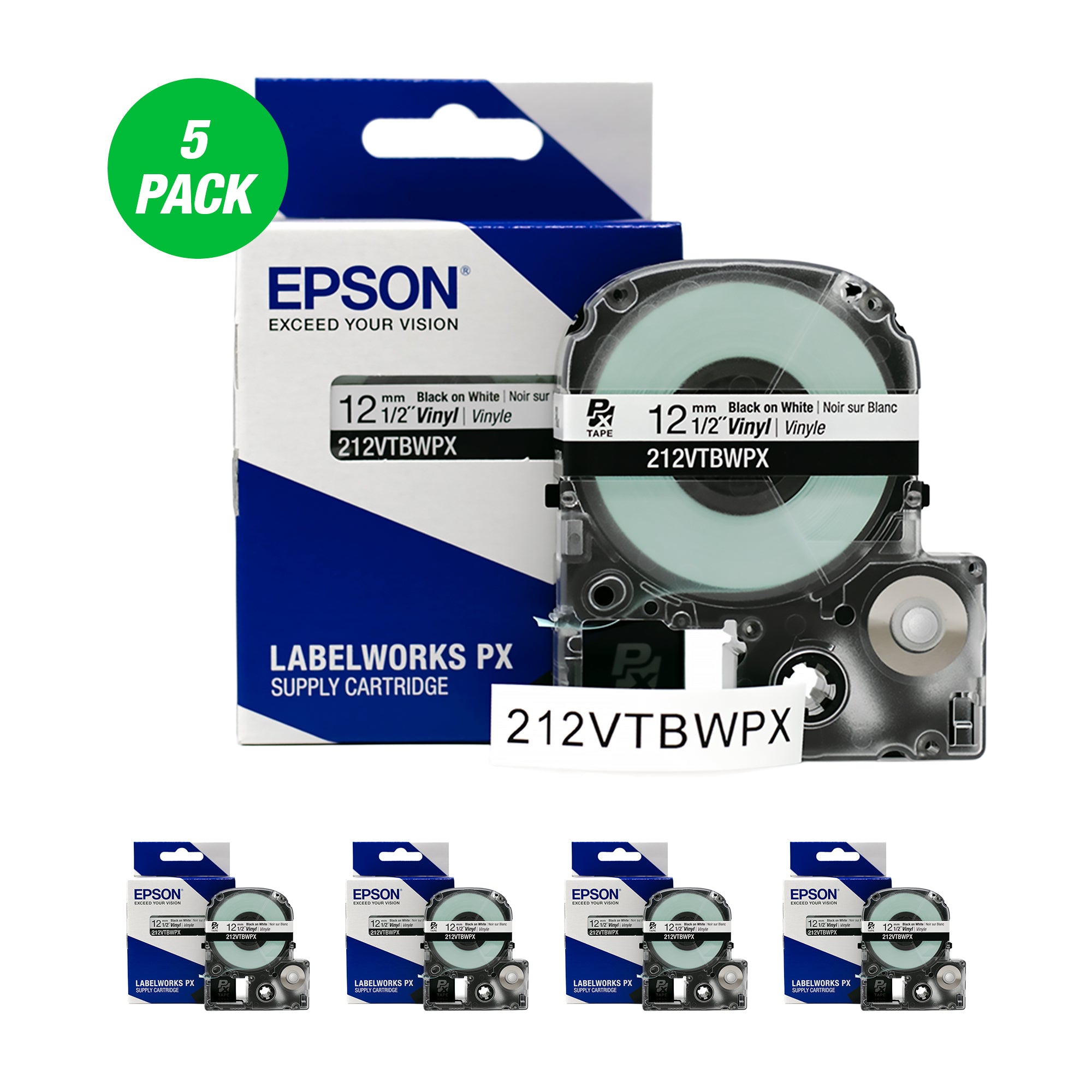 Epson LABELWORKS PX Vinyl 1/2" (12mm)  x 22.9 ft Black on White Tape 5 Pack - 212VTBWPX-5PK