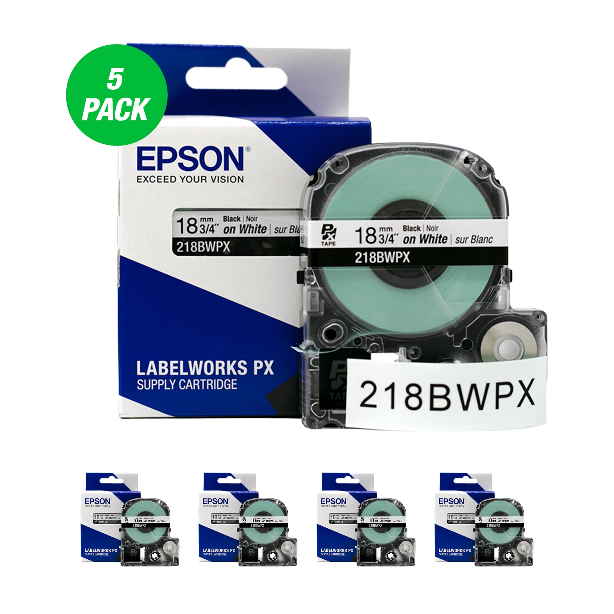 Epson LABELWORKS PX Standard 3/4"(18mm) x 30 ft Black on White Tape 5 Pack - 218BWPX-5PK