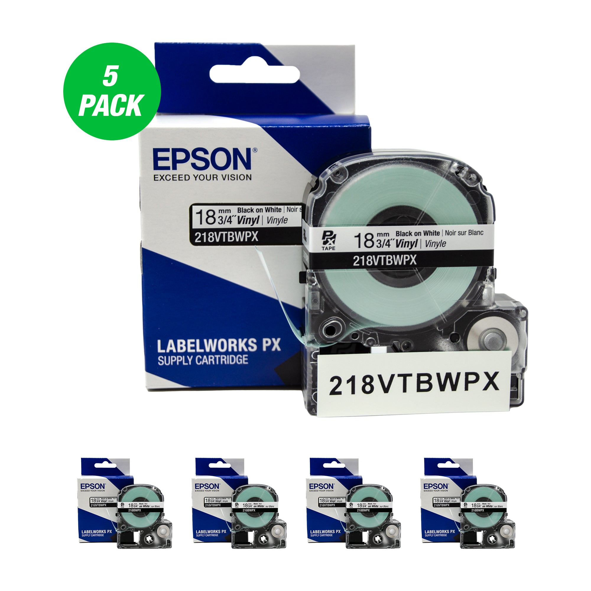 Epson LABELWORKS PX Vinyl 3/4" (18mm)  x 22.9 ft Black on White Tape 5 Pack - 218VTBWPX-5PACK