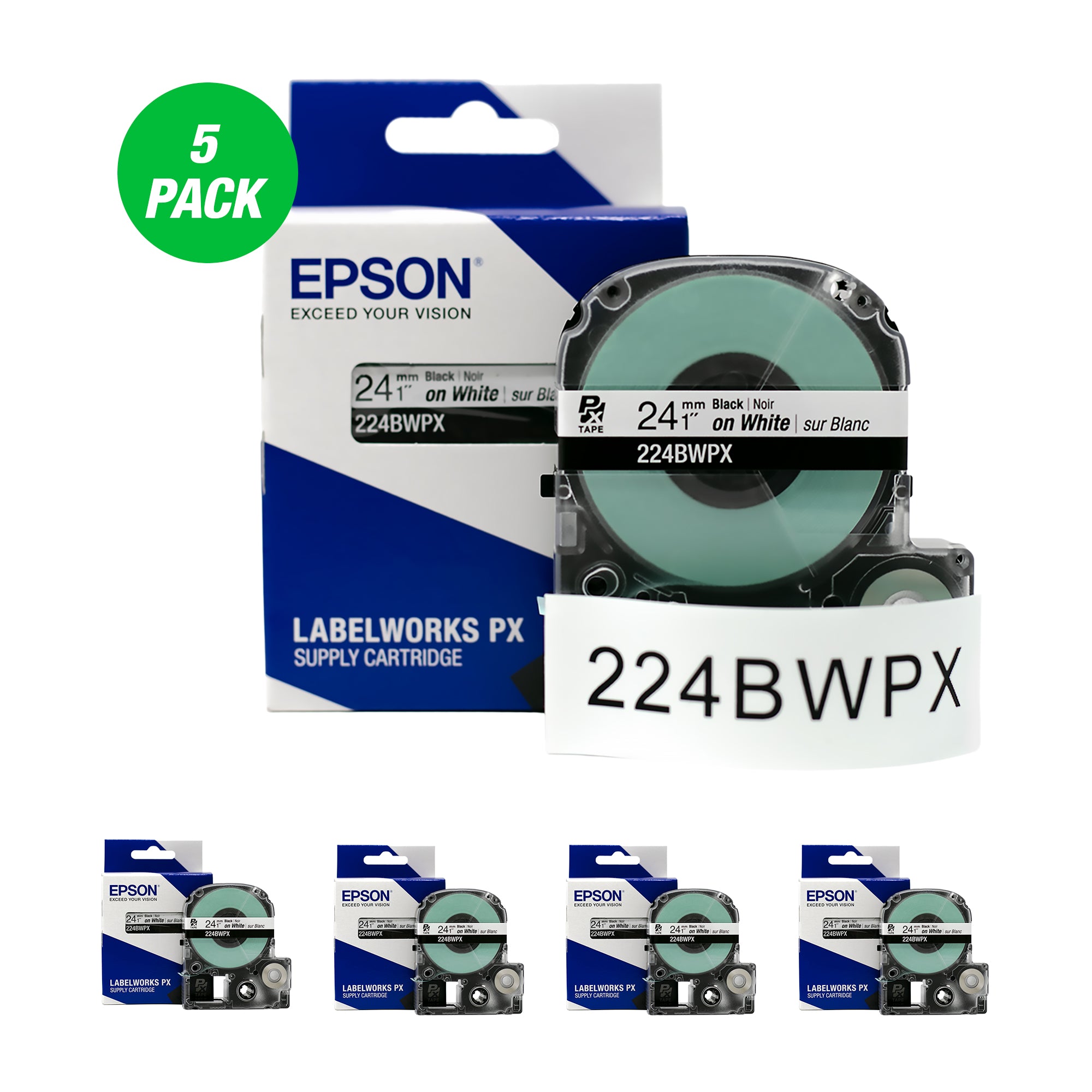 Epson LABELWORKS PX Standard 1" (24mm) x 30 ft Black on White Tape 5 Pack - 224BWPX-5PK