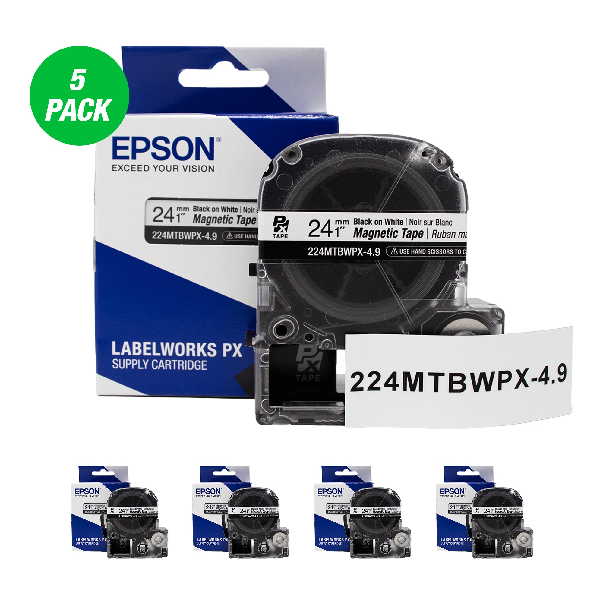 Epson LABELWORKS PX Magnetic 1" (24mm) x 4.9 ft Black on White Tape 5 Pack - 224MTBWPX-4.9-5PK