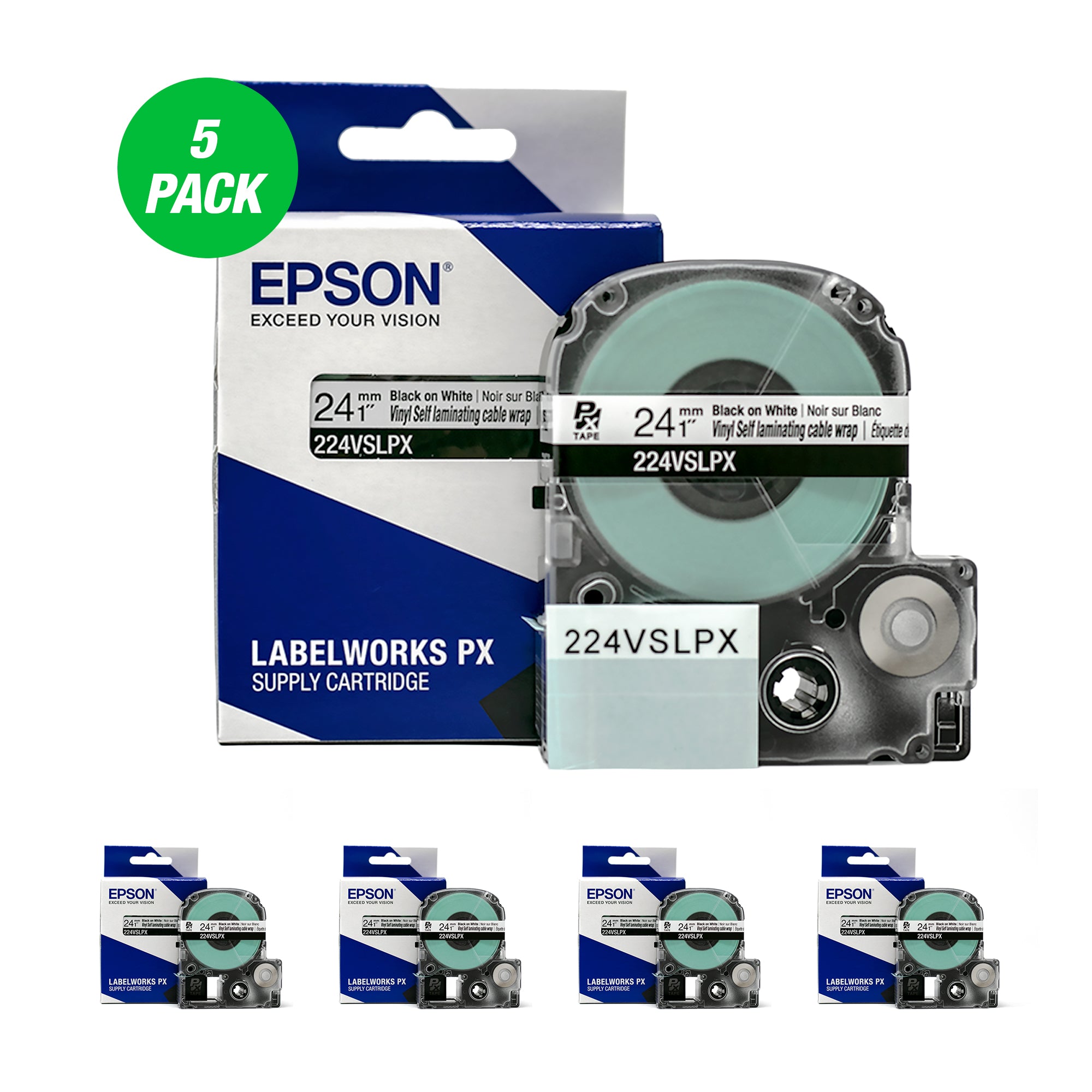 Epson LABELWORKS PX Vinyl Self Lamination Overwrap 1" (24mm) x 26.2 ft Tape 5 Pack - 224VSLPX-5PK