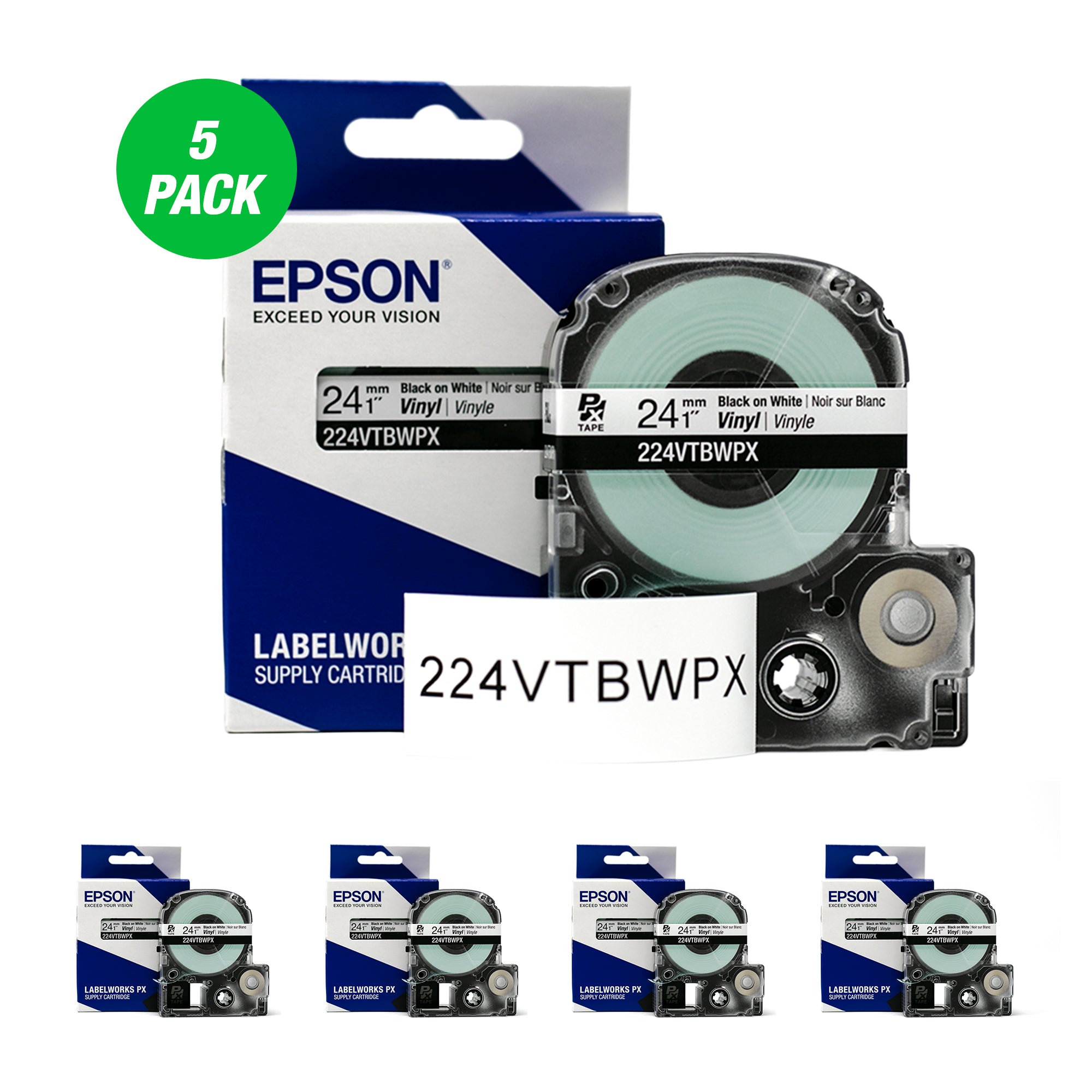 Epson LABELWORKS PX Vinyl 1" (24mm)  x 22.9 ft Black on White Tape 5 Pack - 224VTBWPX-5PK