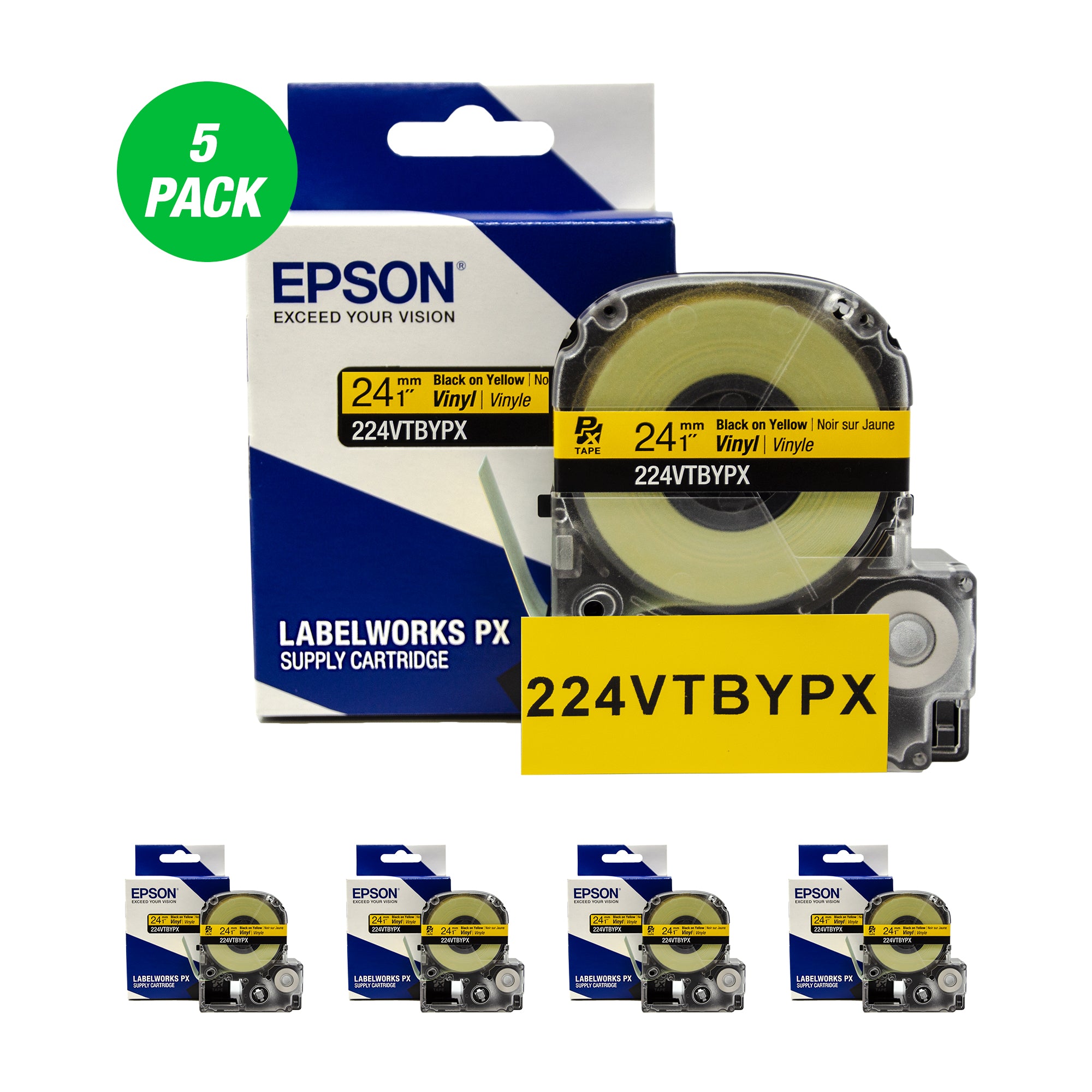 Epson LABELWORKS PX Vinyl 1" (24mm)  x 22.9 ft Black on Yellow Tape 5 Pack - 224VTBYPX-5PK