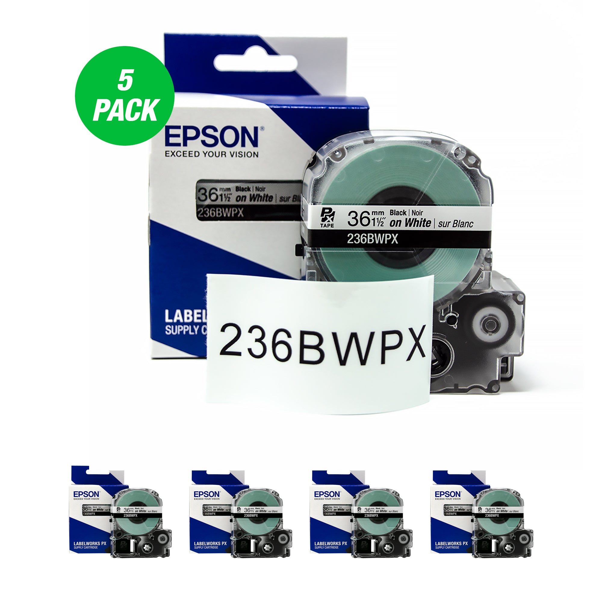 Epson LABELWORKS PX Standard 1½" (36mm) x 30 ft Black on White Tape 5 Pack - 236BWPX-5PK