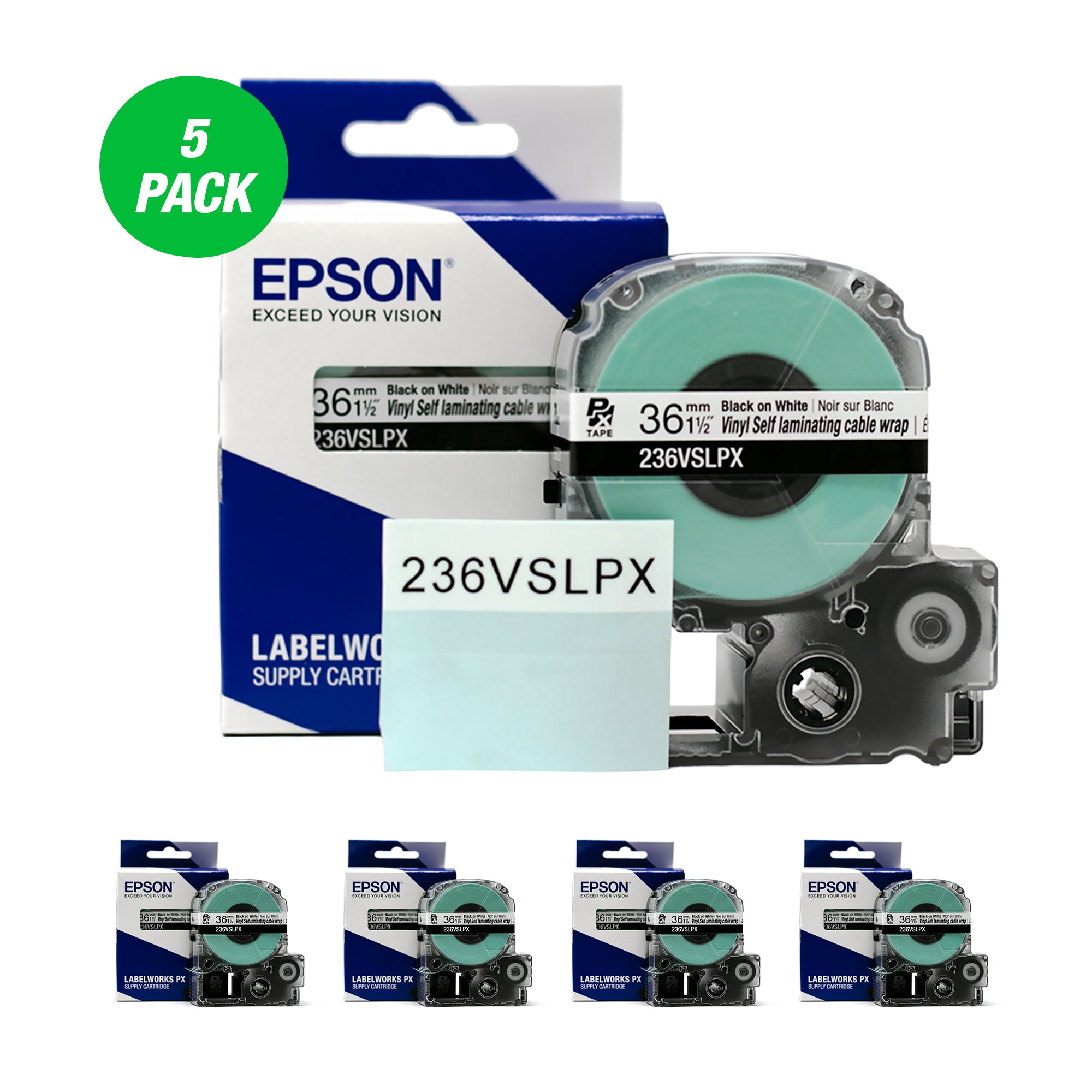 Epson LABELWORKS PX Vinyl Self Lamination Overwrap 1 1/2" x 26.2 ft  Tape 5 Pack - 236VSLPX-5PK