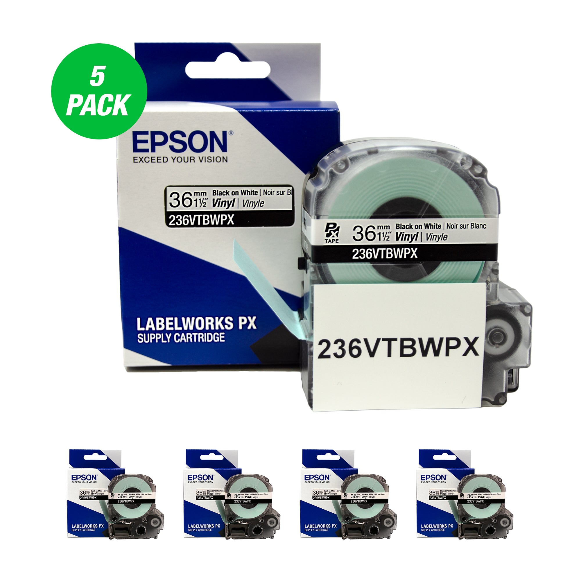 Epson LABELWORKS PX Vinyl 1 1/2" (36mm)  x 22.9 ft Black on White Tape 5 Pack - 236VTBWPX-5PK