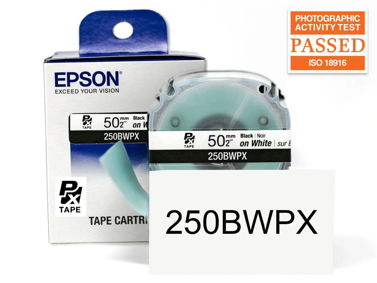 Epson LABELWORKS PX Standard 2" (50mm) x 26.2 ft Black on White Tape - 250BWPX